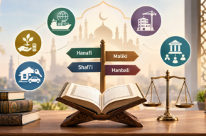 An abstract illustration representing Islamic jurisprudence, with interconnected paths symbolizing the four recognized madhhabs