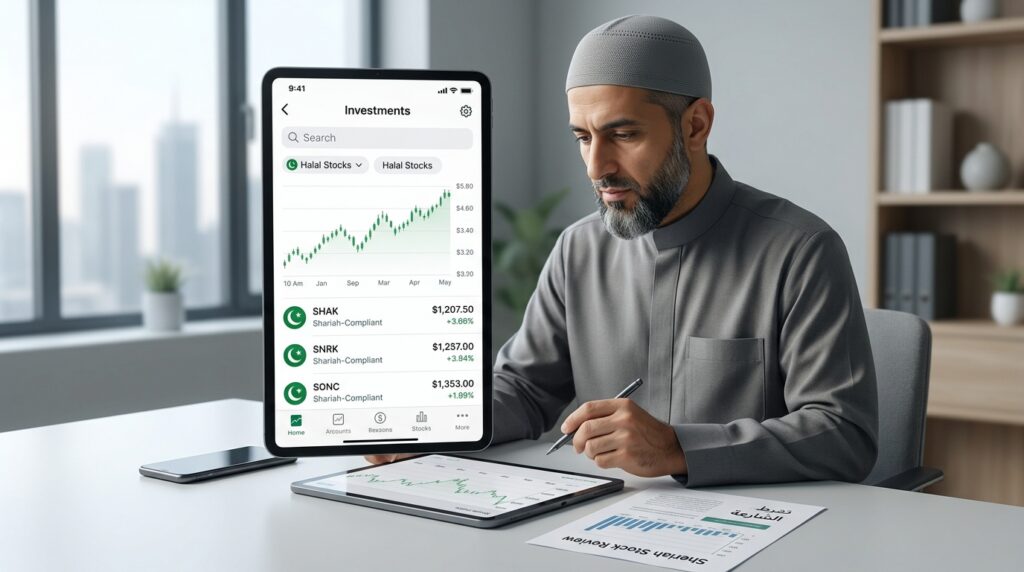 Muslim investor reviewing Shariah-compliant stocks on a financial investment app
