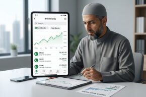 Muslim investor reviewing Shariah-compliant stocks on a financial investment app