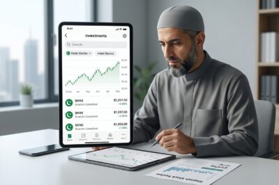 Muslim investor reviewing Shariah-compliant stocks on a financial investment app