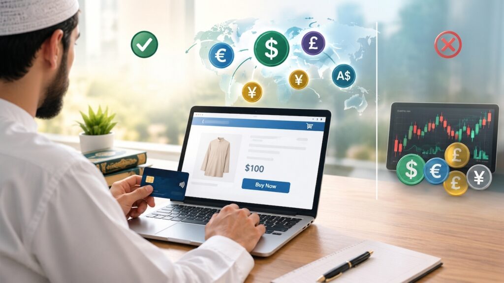 Muslim consumer paying for an online purchase in a foreign currency using a credit card