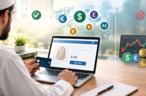 Muslim consumer paying for an online purchase in a foreign currency using a credit card