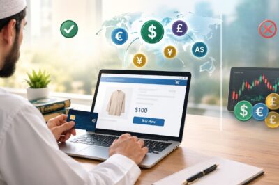 Muslim consumer paying for an online purchase in a foreign currency using a credit card