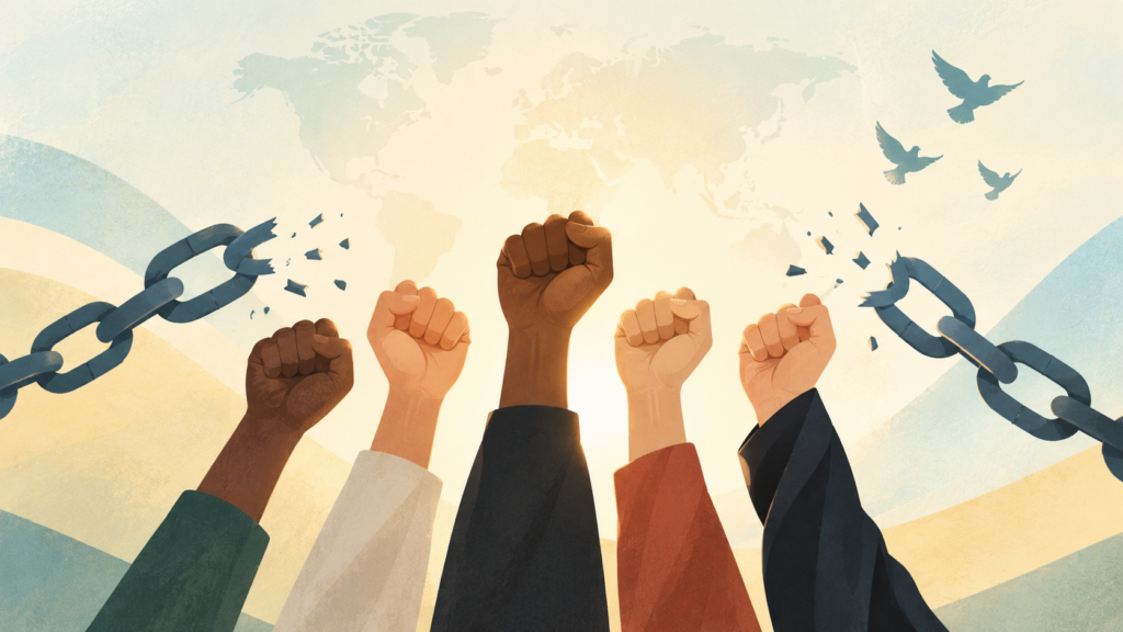 Diverse raised hands symbolizing equality and freedom.