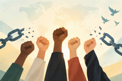 Diverse raised hands symbolizing equality and freedom.