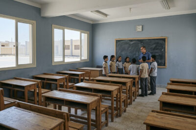 Male teacher and seven students stand near a chalkboard in a room with many wooden desks.