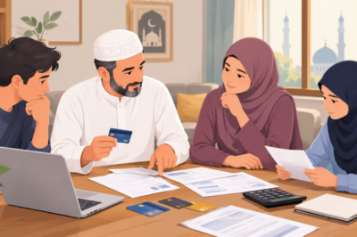 Muslim family discussing financial matters