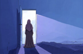 A symbolic illustration of a woman moving toward safety and hope