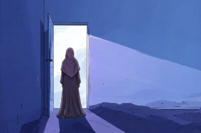 A symbolic illustration of a woman moving toward safety and hope