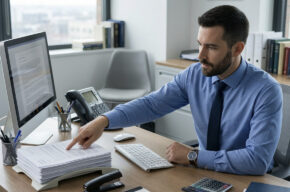 An insurance professional reviewing policy documents